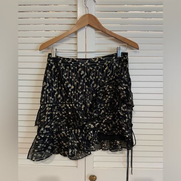10 Crosby Derek Lam Black and Gold Polka Dot Asymmetrical Ruffle Mini Skirt - Picture 2 of 7